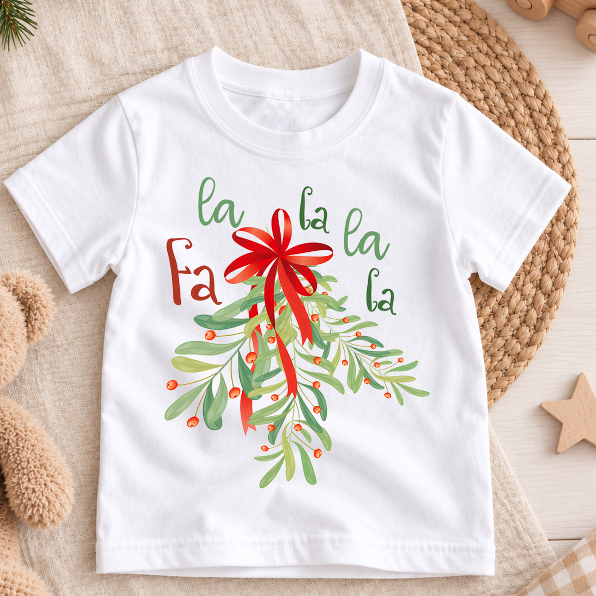 Fa La La Mistletoe Kids Christmas Shirt, Red Bow Holiday Tee, Botanical Christmas Outfit for Boys Girls, Cute Festive Kids Gift for Kids — product view 3
