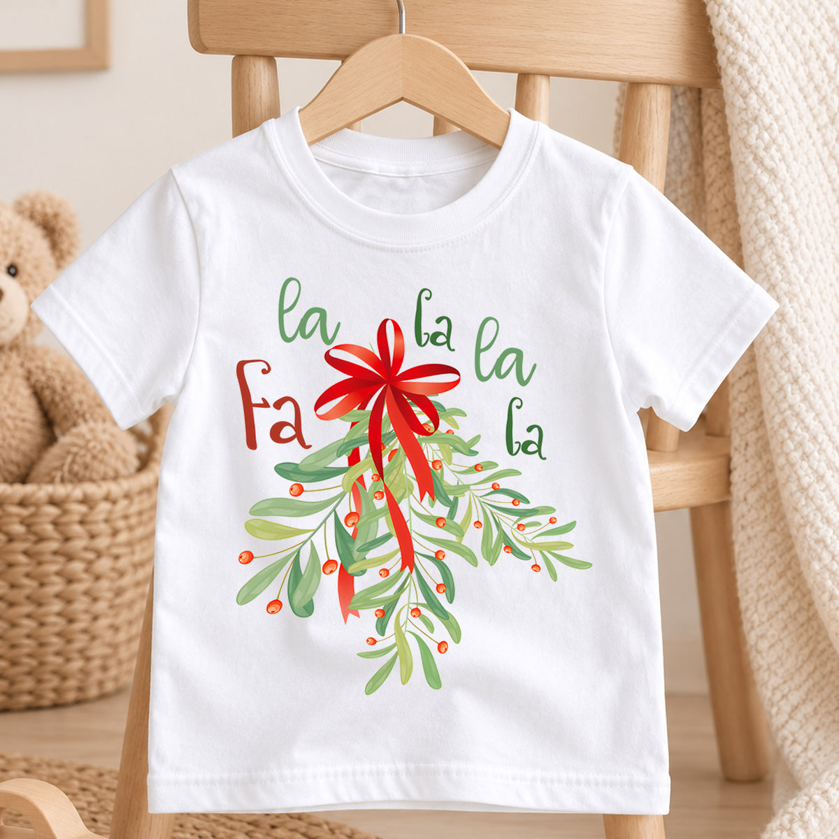Fa La La Mistletoe Kids Christmas Shirt, Red Bow Holiday Tee, Botanical Christmas Outfit for Boys Girls, Cute Festive Kids Gift for Kids — product view 4