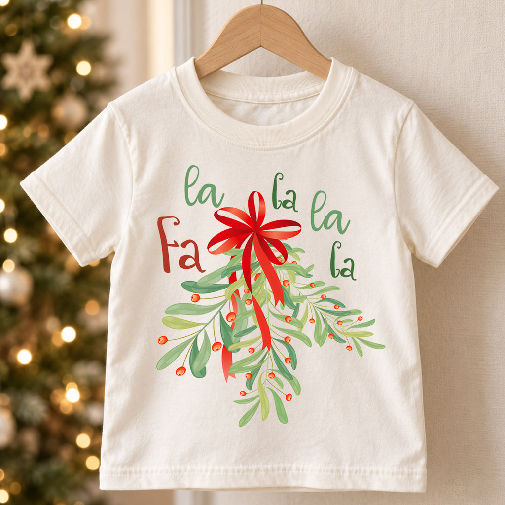 Fa La La Mistletoe Kids Christmas Shirt, Red Bow Holiday Tee, Botanical Christmas Outfit for Boys Girls, Cute Festive Kids Gift for Kids — product view 5