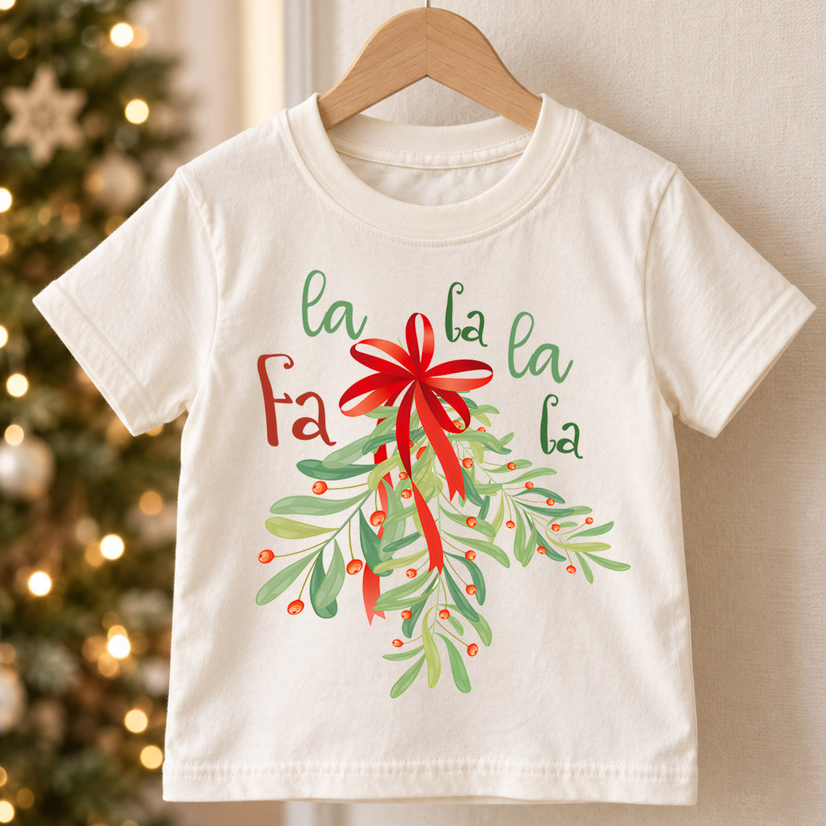 Fa La La Mistletoe Kids Christmas Shirt, Red Bow Holiday Tee, Botanical Christmas Outfit for Boys Girls, Cute Festive Kids Gift for Kids — product view 5