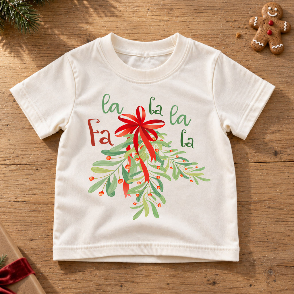 Fa La La Mistletoe Kids Christmas Shirt, Red Bow Holiday Tee, Botanical Christmas Outfit for Boys Girls, Cute Festive Kids Gift for Kids — product view 6