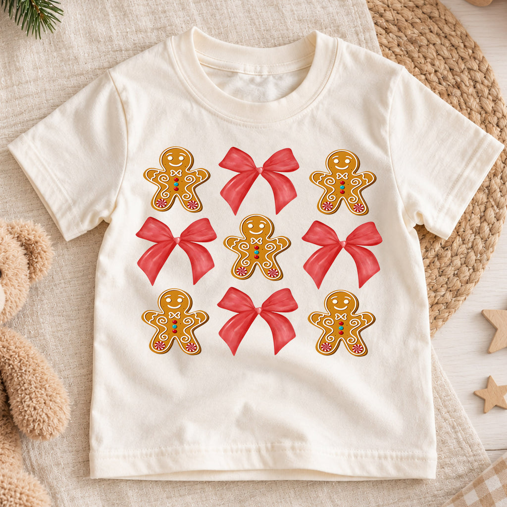 Gingerbread Bow Kids Christmas Shirt, Cute Cookie Holiday Tee, Red Bow Coquette Christmas Outfit for Girls, Sweet Festive Xmas Gift — product view 1
