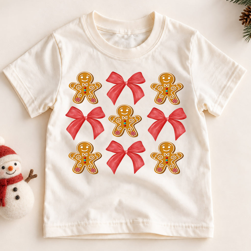 Gingerbread Bow Kids Christmas Shirt, Cute Cookie Holiday Tee, Red Bow Coquette Christmas Outfit for Girls, Sweet Festive Xmas Gift — product view 2