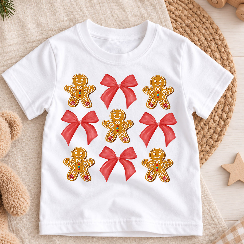 Gingerbread Bow Kids Christmas Shirt, Cute Cookie Holiday Tee, Red Bow Coquette Christmas Outfit for Girls, Sweet Festive Xmas Gift — product view 3