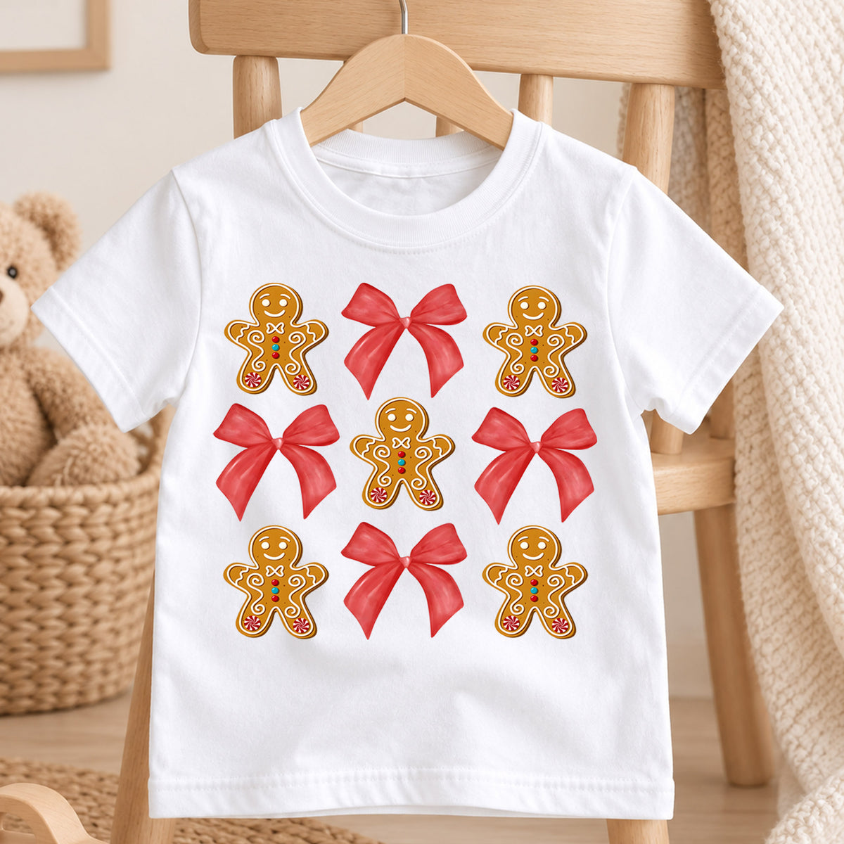 Gingerbread Bow Kids Christmas Shirt, Cute Cookie Holiday Tee, Red Bow Coquette Christmas Outfit for Girls, Sweet Festive Xmas Gift — product view 4