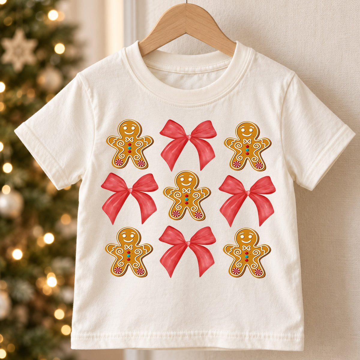 Gingerbread Bow Kids Christmas Shirt, Cute Cookie Holiday Tee, Red Bow Coquette Christmas Outfit for Girls, Sweet Festive Xmas Gift — product view 5