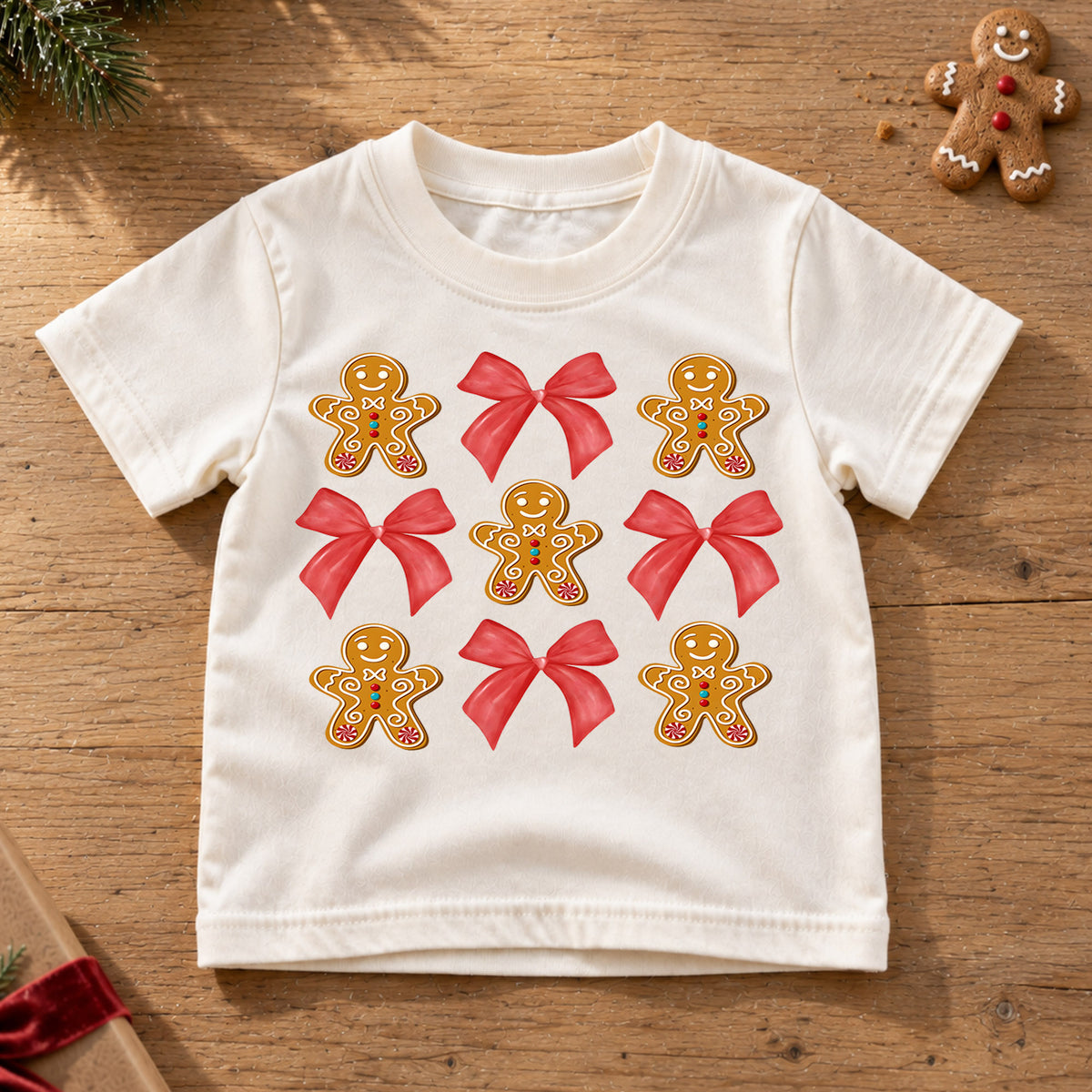 Gingerbread Bow Kids Christmas Shirt, Cute Cookie Holiday Tee, Red Bow Coquette Christmas Outfit for Girls, Sweet Festive Xmas Gift — product view 6