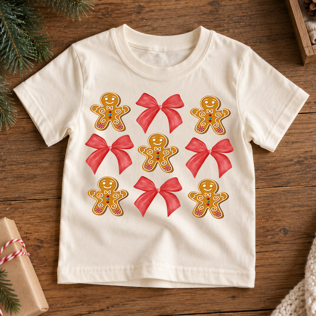 Gingerbread Bow Kids Christmas Shirt, Cute Cookie Holiday Tee, Red Bow Coquette Christmas Outfit for Girls, Sweet Festive Xmas Gift — product view 7