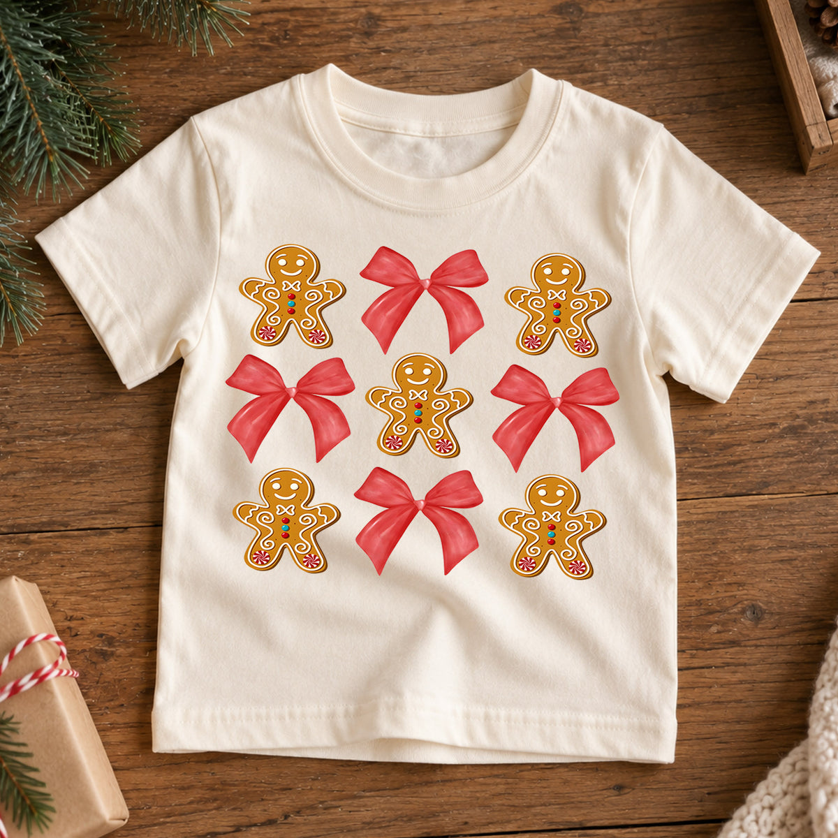 Gingerbread Bow Kids Christmas Shirt, Cute Cookie Holiday Tee, Red Bow Coquette Christmas Outfit for Girls, Sweet Festive Xmas Gift — product view 7