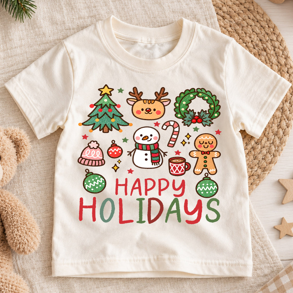 Happy Holidays Kids Christmas Shirt, Cute Christmas Icons Tee, Gingerbread Snowman Holiday T Shirt, Xmas Gift for Kids — product view 1