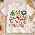 Happy Holidays Kids Christmas Shirt, Cute Christmas Icons Tee, Gingerbread Snowman Holiday T Shirt, Xmas Gift for Kids — product view 1