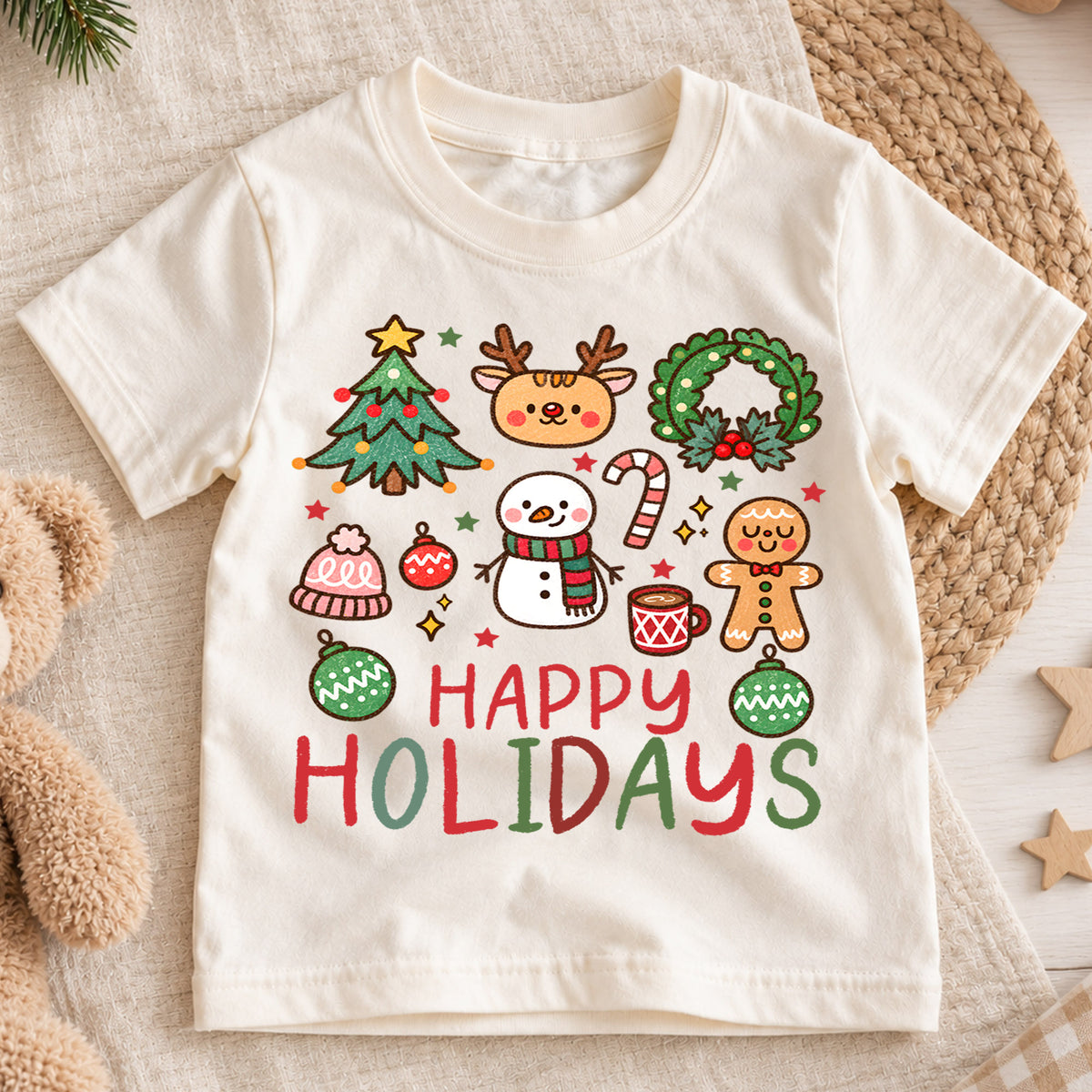 Happy Holidays Kids Christmas Shirt, Cute Christmas Icons Tee, Gingerbread Snowman Holiday T Shirt, Xmas Gift for Kids — product view 1