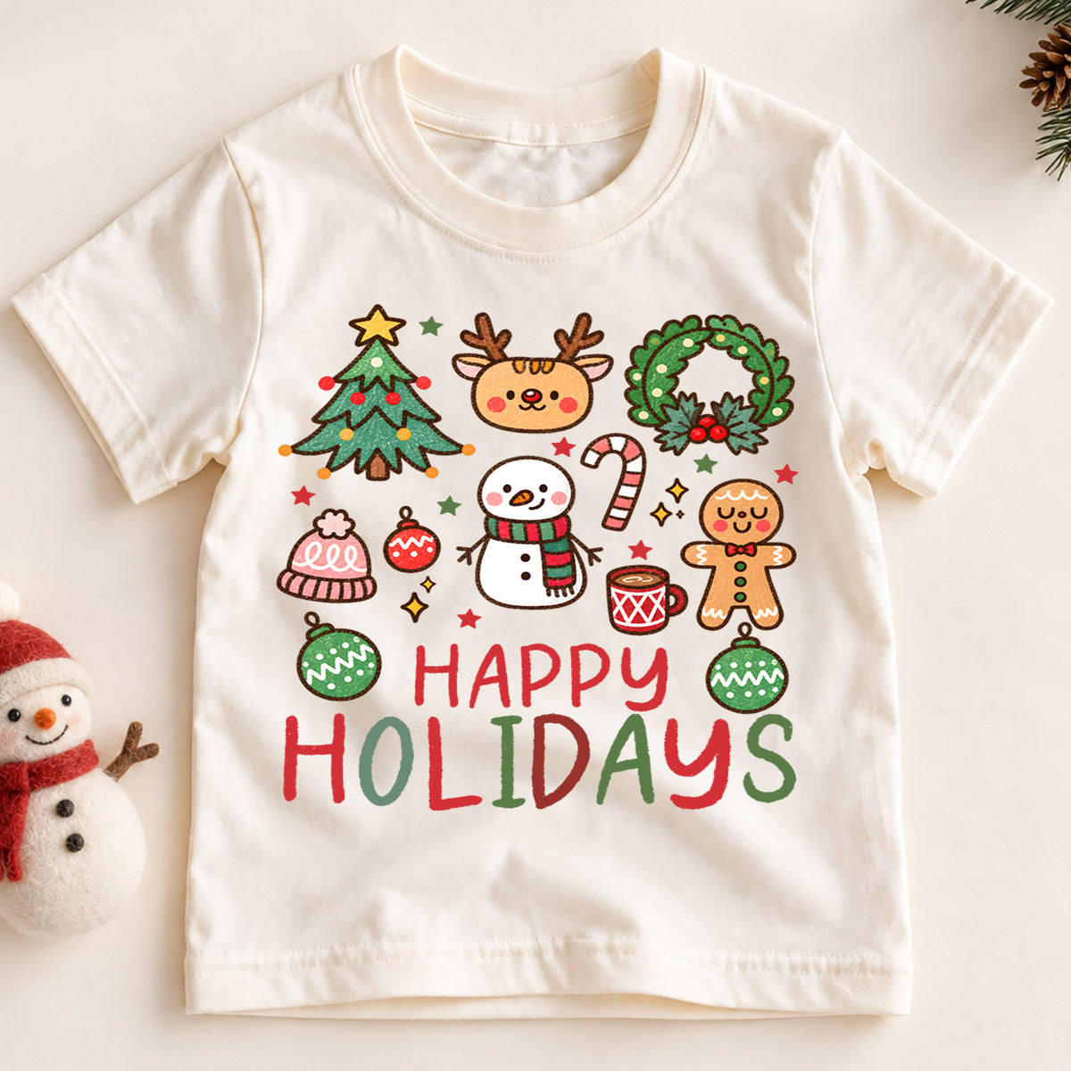 Happy Holidays Kids Christmas Shirt, Cute Christmas Icons Tee, Gingerbread Snowman Holiday T Shirt, Xmas Gift for Kids — product view 2