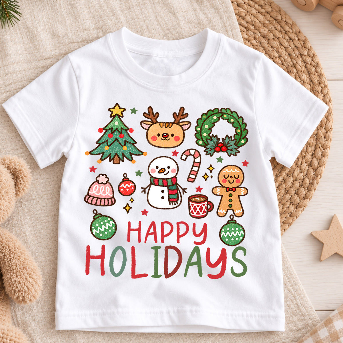 Happy Holidays Kids Christmas Shirt, Cute Christmas Icons Tee, Gingerbread Snowman Holiday T Shirt, Xmas Gift for Kids — product view 3