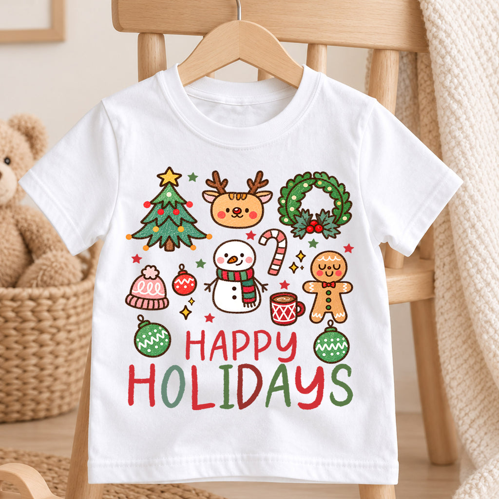 Happy Holidays Kids Christmas Shirt, Cute Christmas Icons Tee, Gingerbread Snowman Holiday T Shirt, Xmas Gift for Kids — product view 4