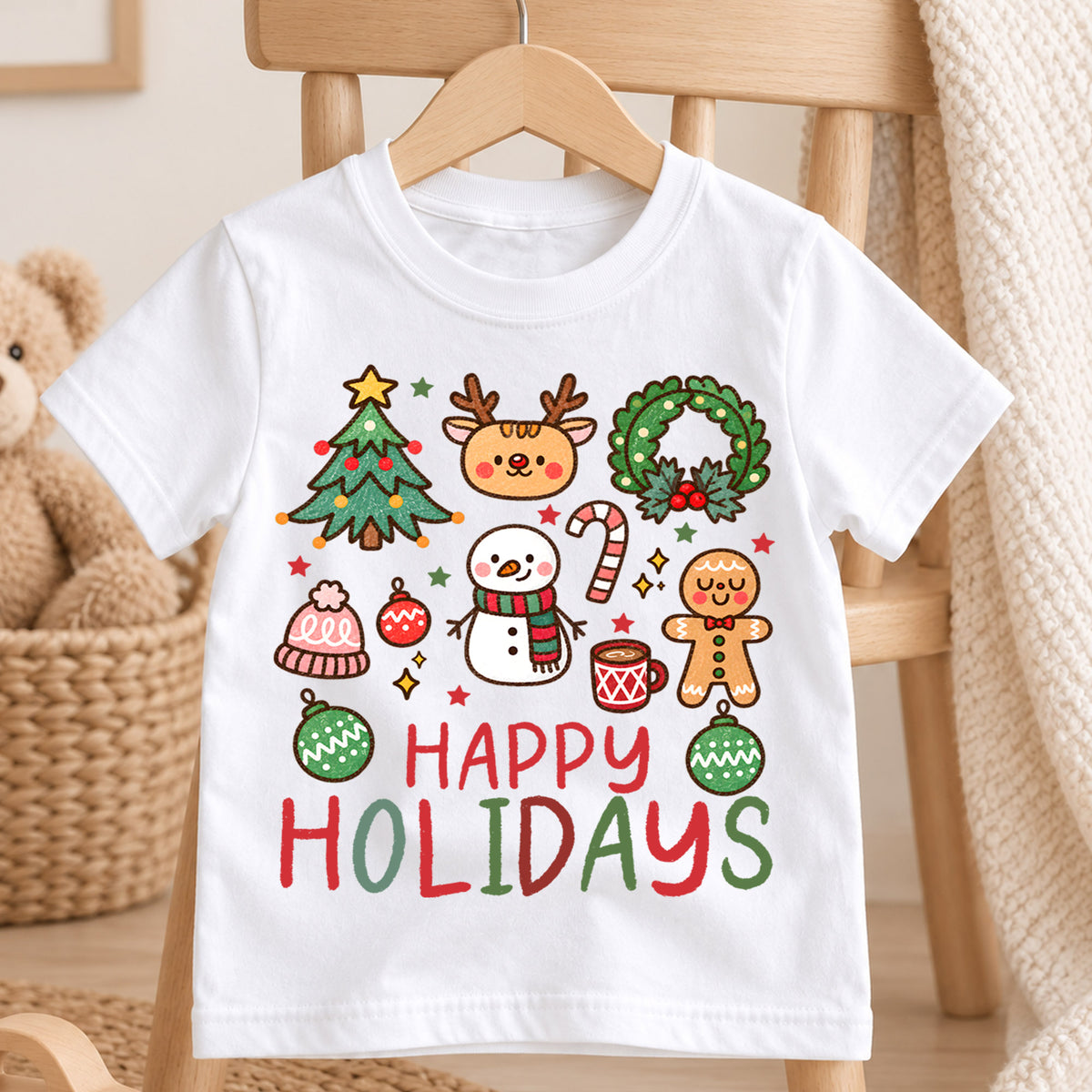 Happy Holidays Kids Christmas Shirt, Cute Christmas Icons Tee, Gingerbread Snowman Holiday T Shirt, Xmas Gift for Kids — product view 4