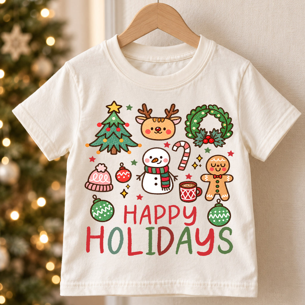 Happy Holidays Kids Christmas Shirt, Cute Christmas Icons Tee, Gingerbread Snowman Holiday T Shirt, Xmas Gift for Kids — product view 5