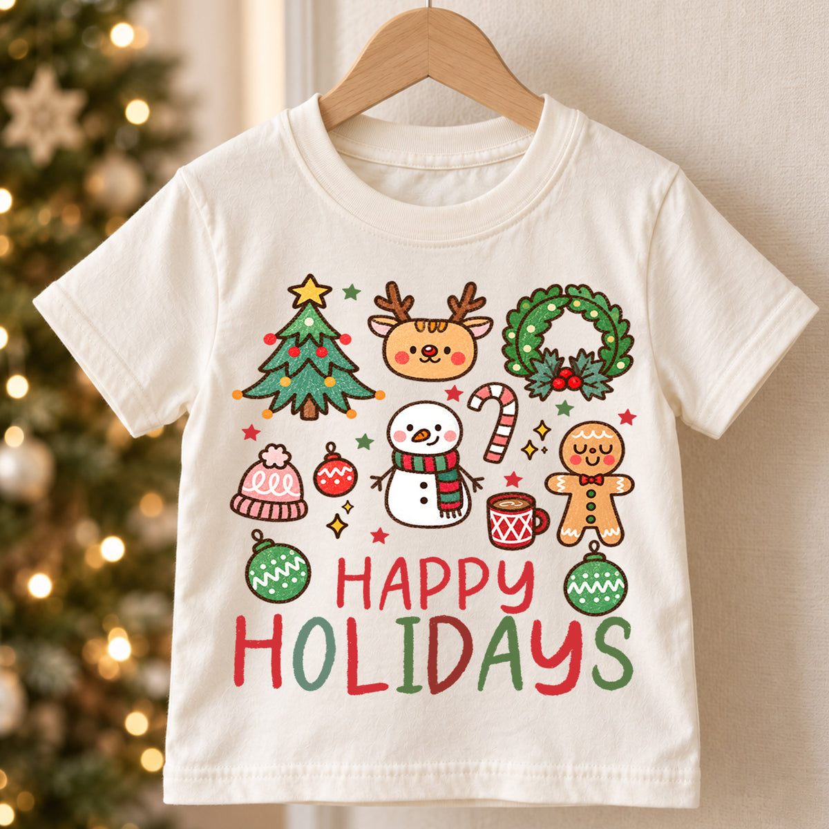 Happy Holidays Kids Christmas Shirt, Cute Christmas Icons Tee, Gingerbread Snowman Holiday T Shirt, Xmas Gift for Kids — product view 5