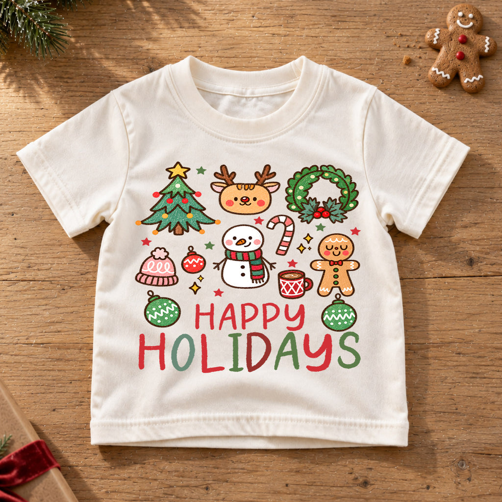 Happy Holidays Kids Christmas Shirt, Cute Christmas Icons Tee, Gingerbread Snowman Holiday T Shirt, Xmas Gift for Kids — product view 6