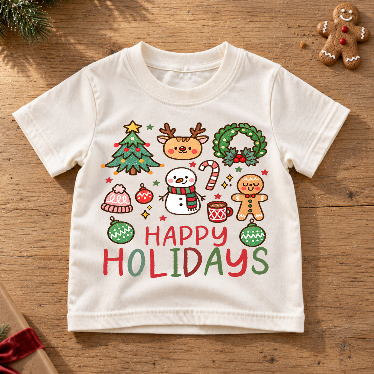 Happy Holidays Kids Christmas Shirt, Cute Christmas Icons Tee, Gingerbread Snowman Holiday T Shirt, Xmas Gift for Kids — product view 6