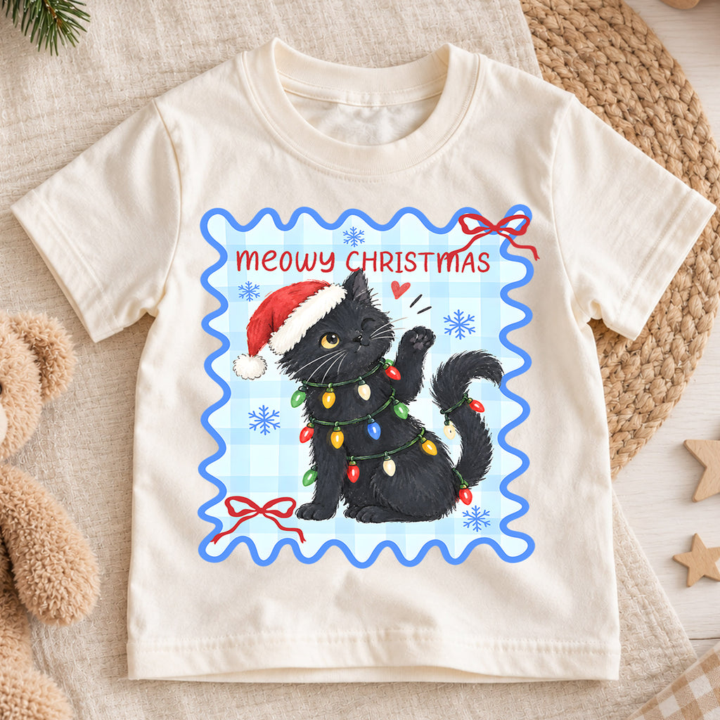 Meowy Christmas Kids Shirt, Black Cat Christmas Tee, Funny Cat Holiday T Shirt, Christmas Gift for Cat Lovers — product view 1