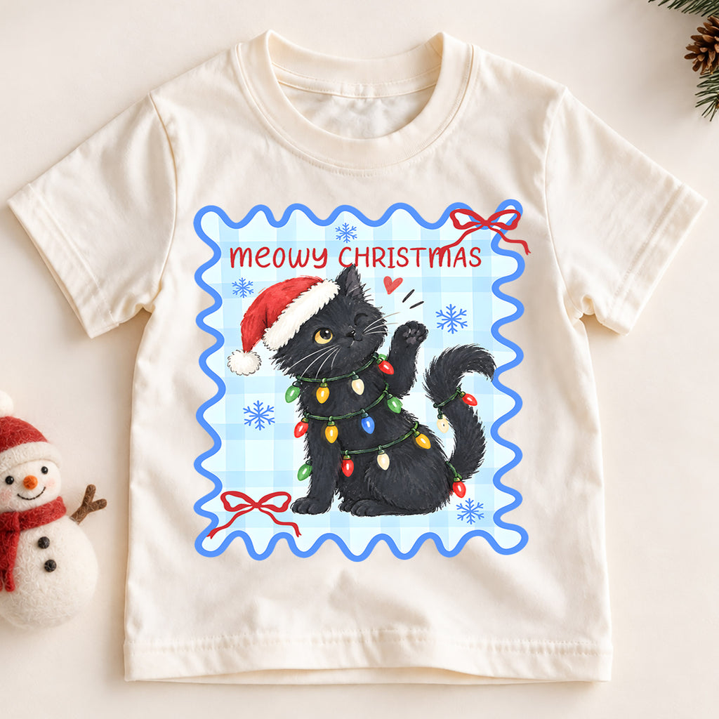 Meowy Christmas Kids Shirt, Black Cat Christmas Tee, Funny Cat Holiday T Shirt, Christmas Gift for Cat Lovers — product view 2