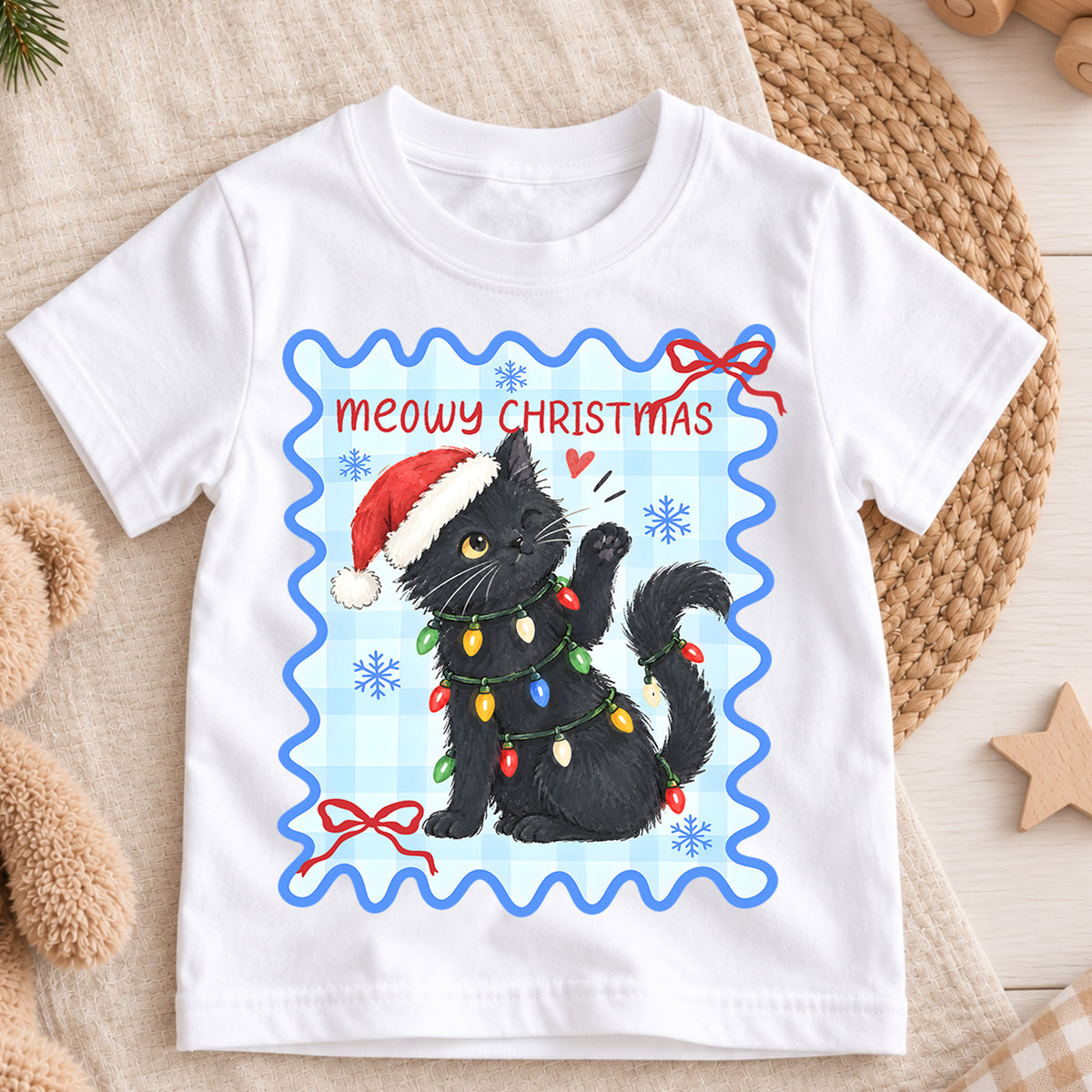 Meowy Christmas Kids Shirt, Black Cat Christmas Tee, Funny Cat Holiday T Shirt, Christmas Gift for Cat Lovers — product view 3