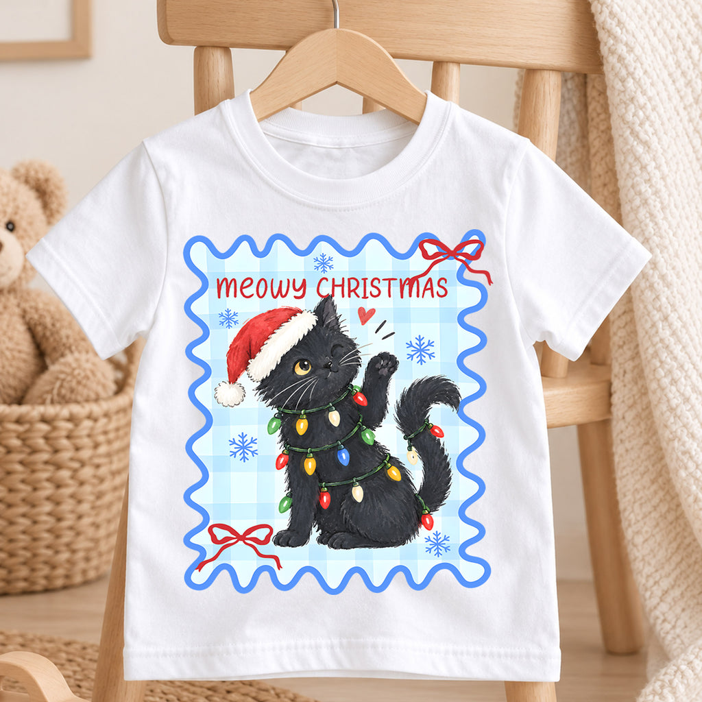 Meowy Christmas Kids Shirt, Black Cat Christmas Tee, Funny Cat Holiday T Shirt, Christmas Gift for Cat Lovers — product view 4