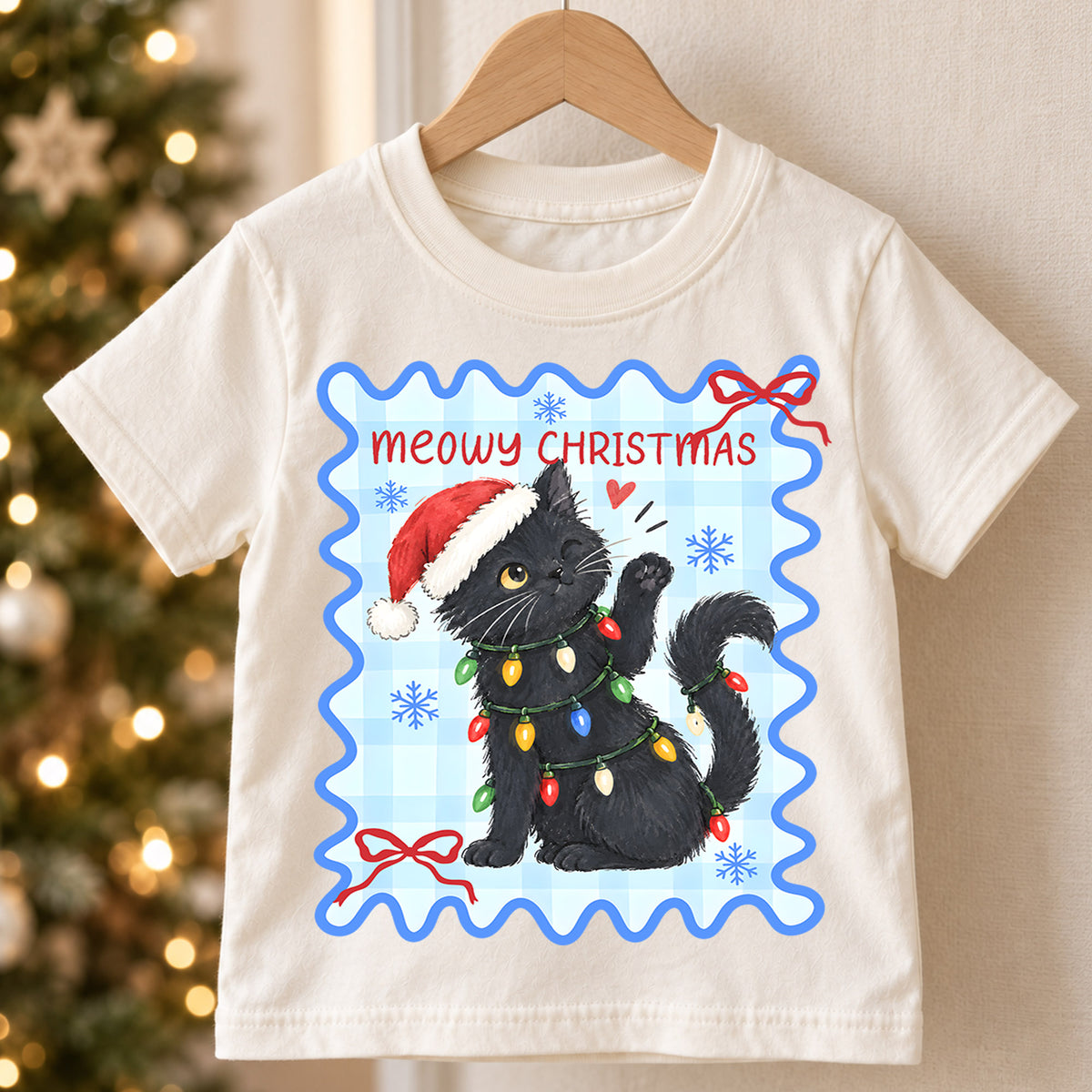 Meowy Christmas Kids Shirt, Black Cat Christmas Tee, Funny Cat Holiday T Shirt, Christmas Gift for Cat Lovers — product view 5