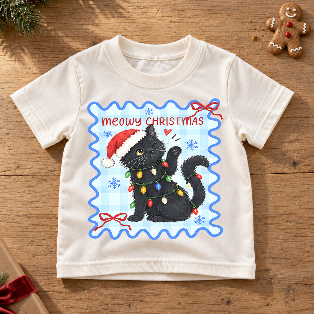 Meowy Christmas Kids Shirt, Black Cat Christmas Tee, Funny Cat Holiday T Shirt, Christmas Gift for Cat Lovers — product view 6