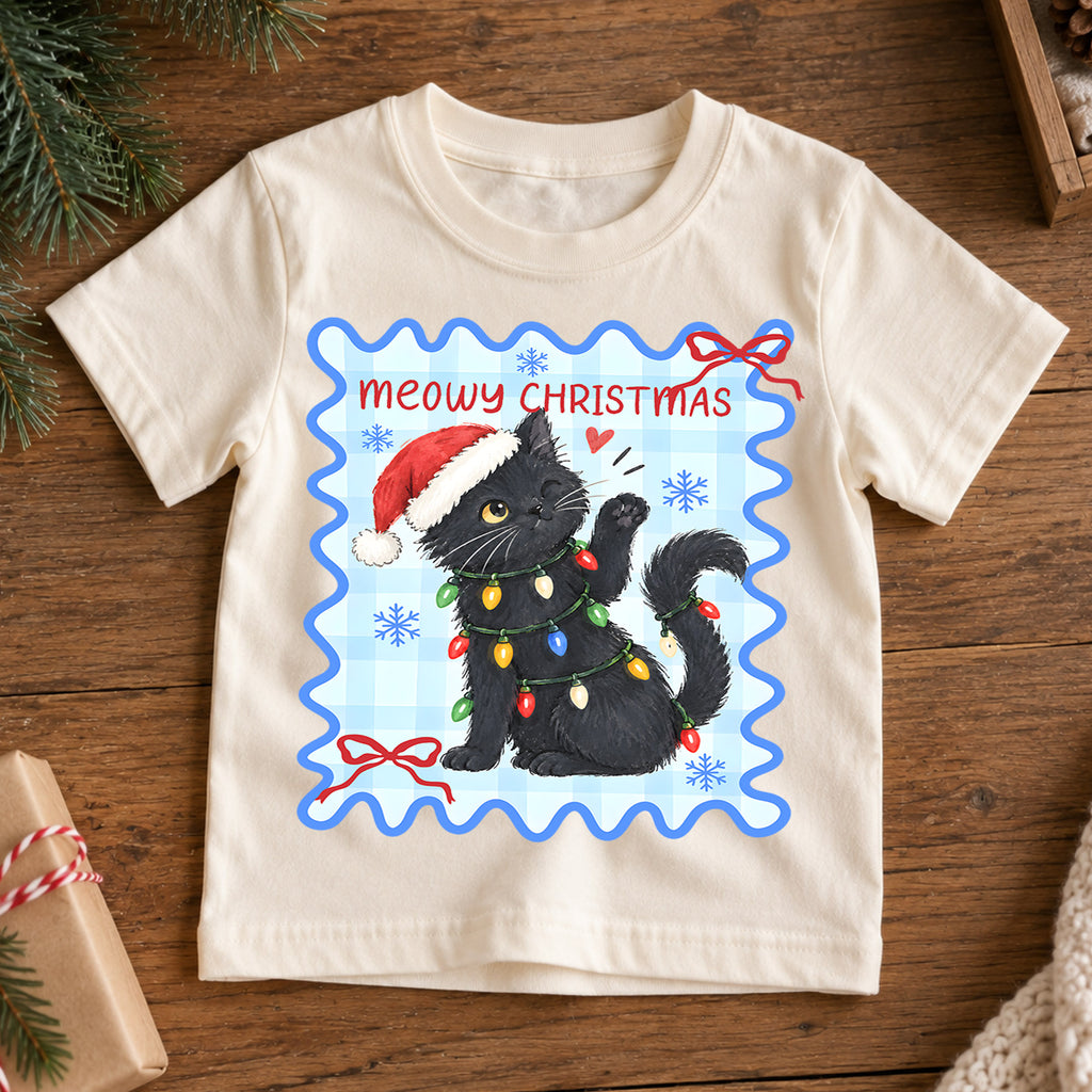 Meowy Christmas Kids Shirt, Black Cat Christmas Tee, Funny Cat Holiday T Shirt, Christmas Gift for Cat Lovers — product view 7