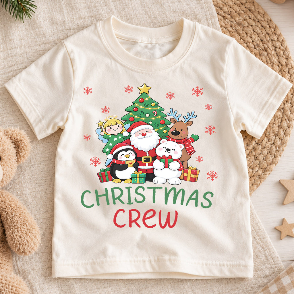 Christmas Crew Kids Shirt, Santa Reindeer Penguin Holiday Tee, Cute Christmas Characters T Shirt, Xmas Gift for Kids — product view 1