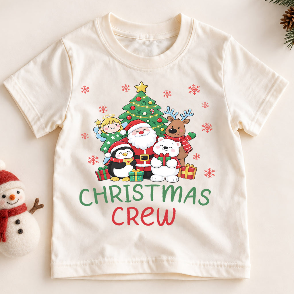 Christmas Crew Kids Shirt, Santa Reindeer Penguin Holiday Tee, Cute Christmas Characters T Shirt, Xmas Gift for Kids — product view 2