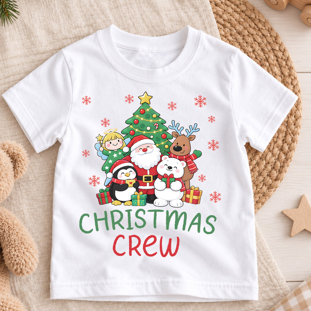Christmas Crew Kids Shirt, Santa Reindeer Penguin Holiday Tee, Cute Christmas Characters T Shirt, Xmas Gift for Kids — product view 3