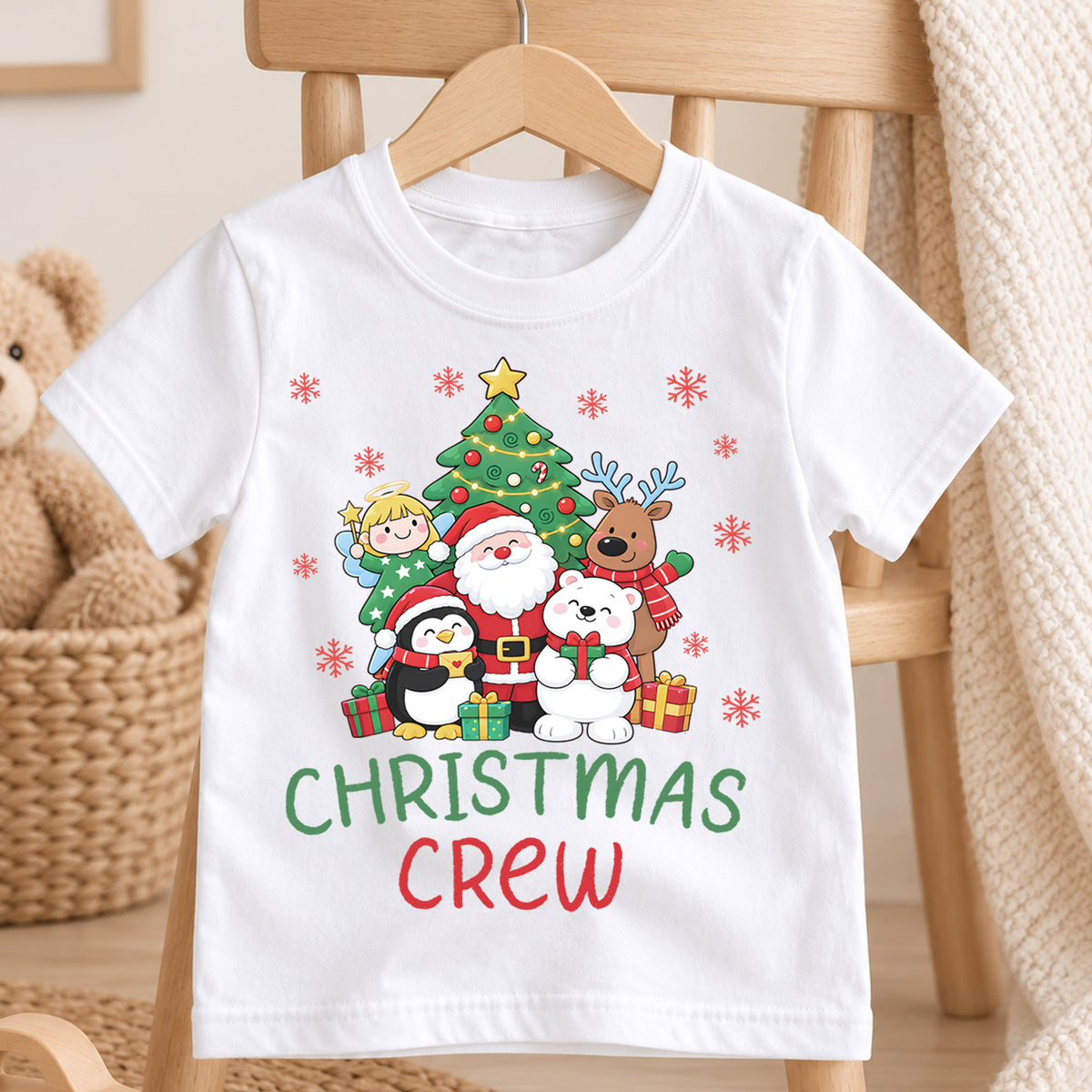 Christmas Crew Kids Shirt, Santa Reindeer Penguin Holiday Tee, Cute Christmas Characters T Shirt, Xmas Gift for Kids — product view 4
