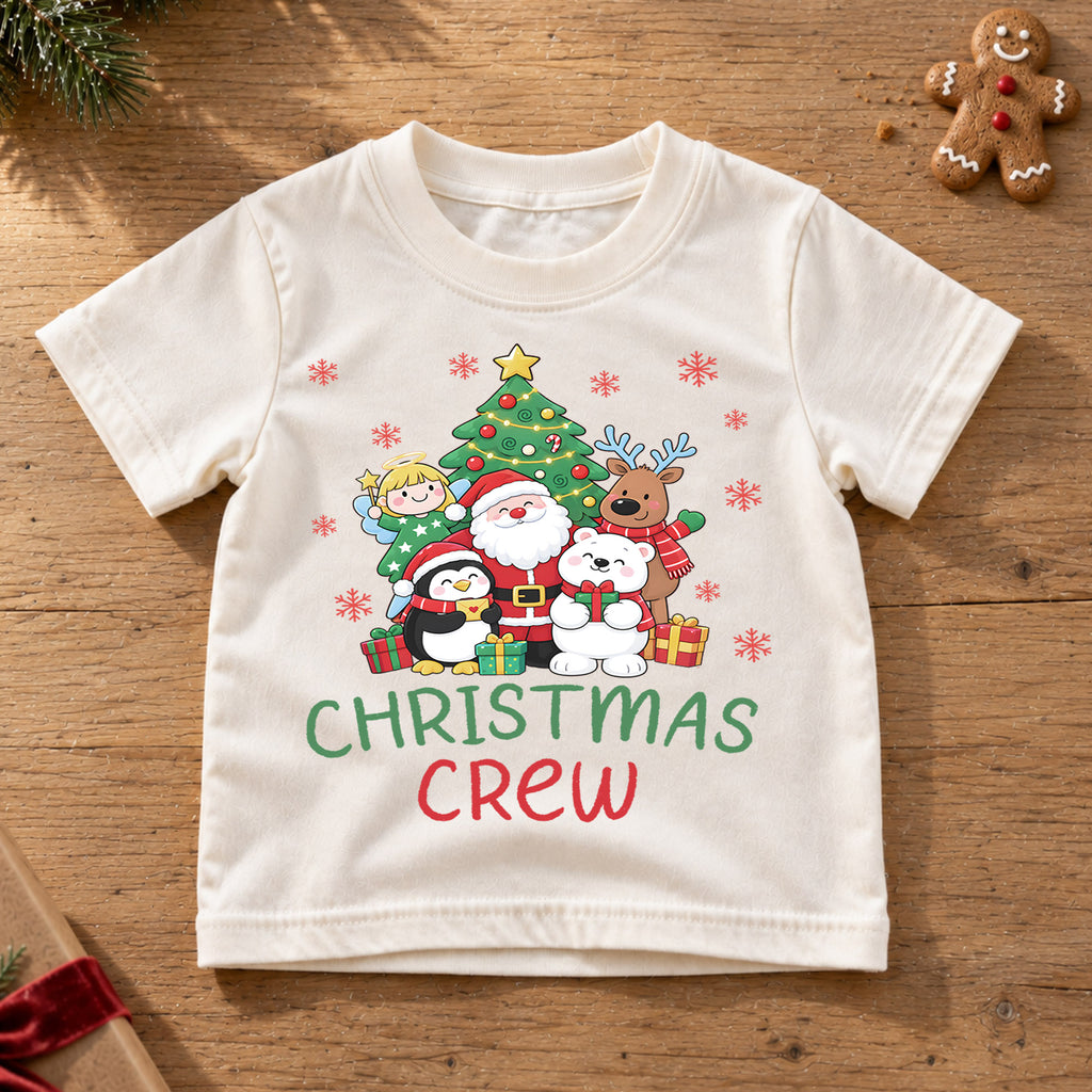 Christmas Crew Kids Shirt, Santa Reindeer Penguin Holiday Tee, Cute Christmas Characters T Shirt, Xmas Gift for Kids — product view 6