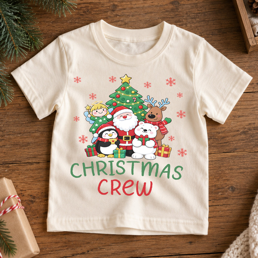 Christmas Crew Kids Shirt, Santa Reindeer Penguin Holiday Tee, Cute Christmas Characters T Shirt, Xmas Gift for Kids — product view 7