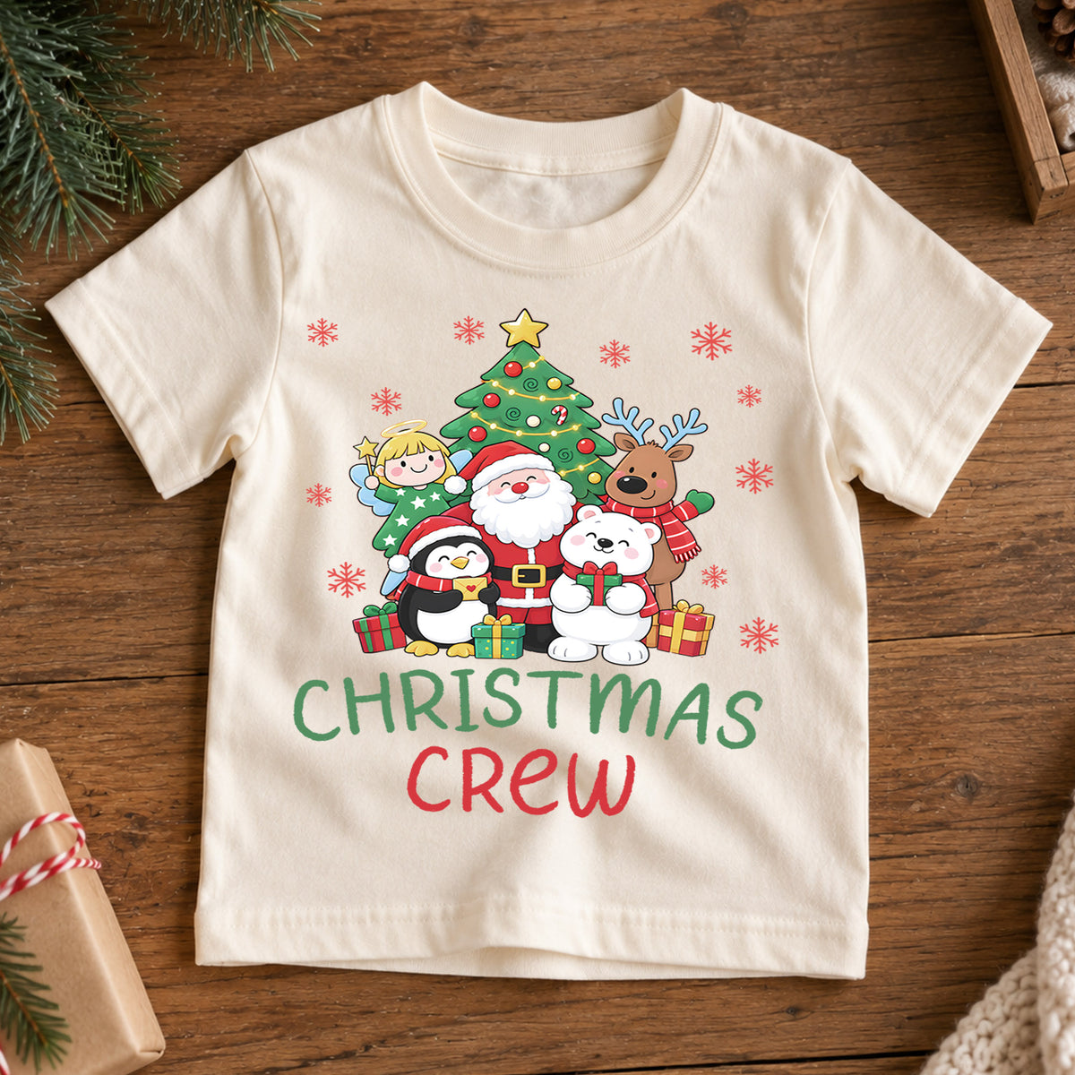 Christmas Crew Kids Shirt, Santa Reindeer Penguin Holiday Tee, Cute Christmas Characters T Shirt, Xmas Gift for Kids — product view 7