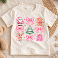 Pink Bow Christmas Kids Shirt, Girly Christmas Collage Tee, Coquette Holiday T Shirt, Pink Santa Reindeer Xmas Gift for Girls — product view 1