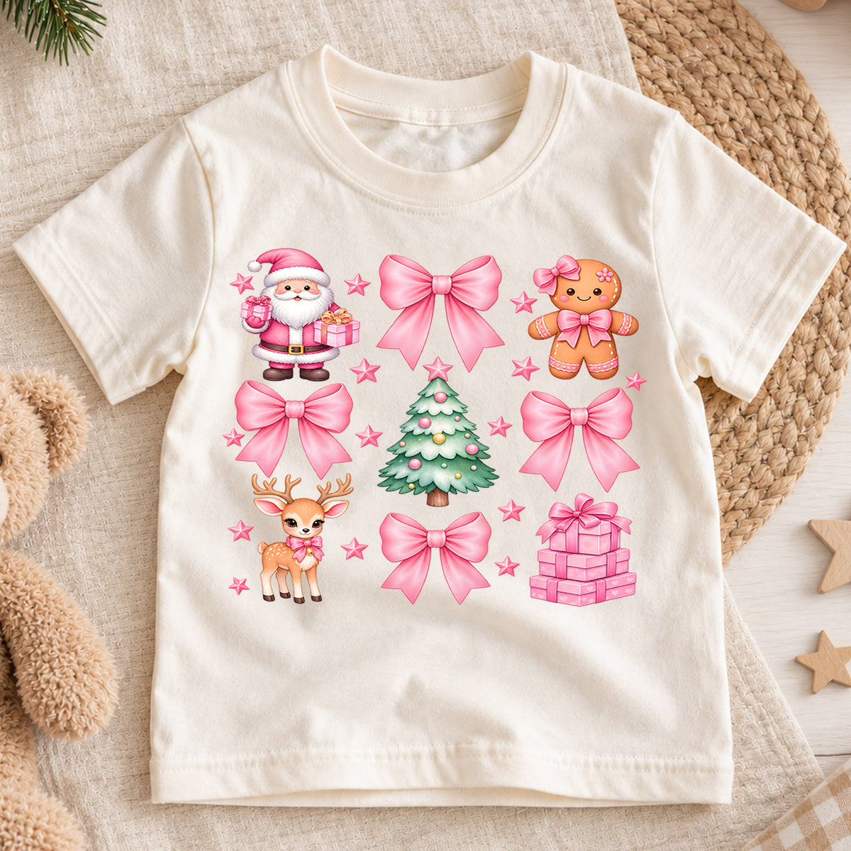 Pink Bow Christmas Kids Shirt, Girly Christmas Collage Tee, Coquette Holiday T Shirt, Pink Santa Reindeer Xmas Gift for Girls — product view 1