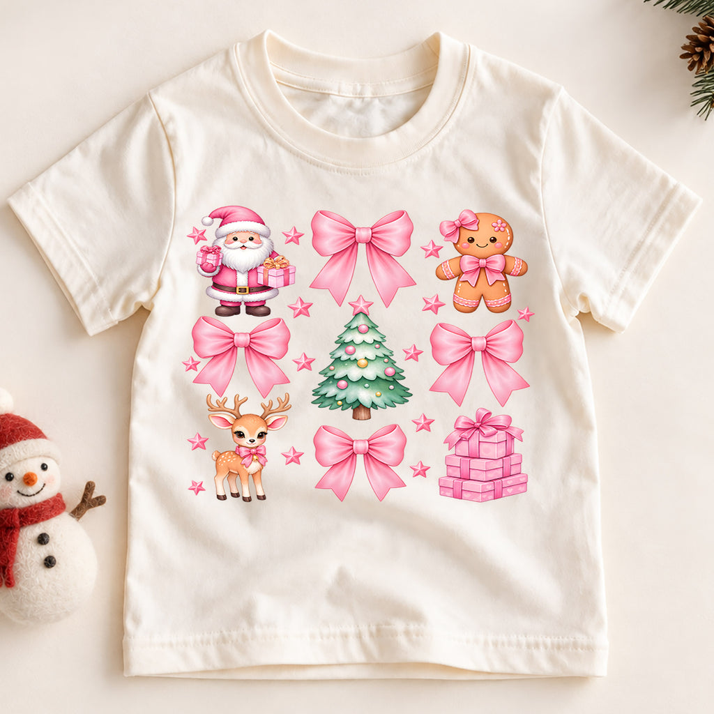Pink Bow Christmas Kids Shirt, Girly Christmas Collage Tee, Coquette Holiday T Shirt, Pink Santa Reindeer Xmas Gift for Girls — product view 2