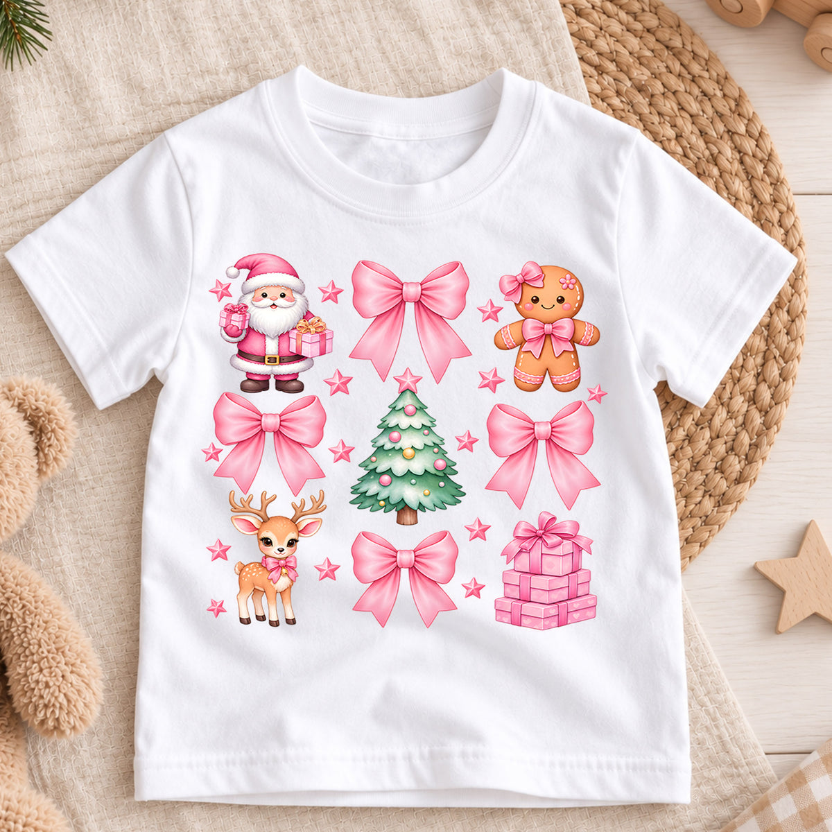 Pink Bow Christmas Kids Shirt, Girly Christmas Collage Tee, Coquette Holiday T Shirt, Pink Santa Reindeer Xmas Gift for Girls — product view 3