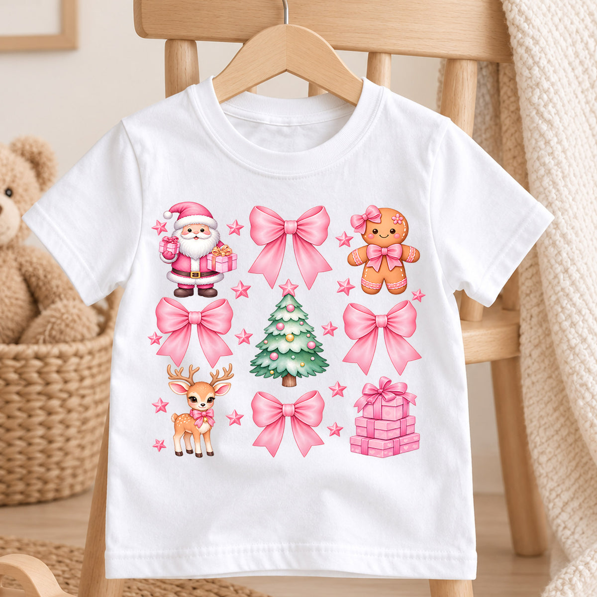 Pink Bow Christmas Kids Shirt, Girly Christmas Collage Tee, Coquette Holiday T Shirt, Pink Santa Reindeer Xmas Gift for Girls — product view 4
