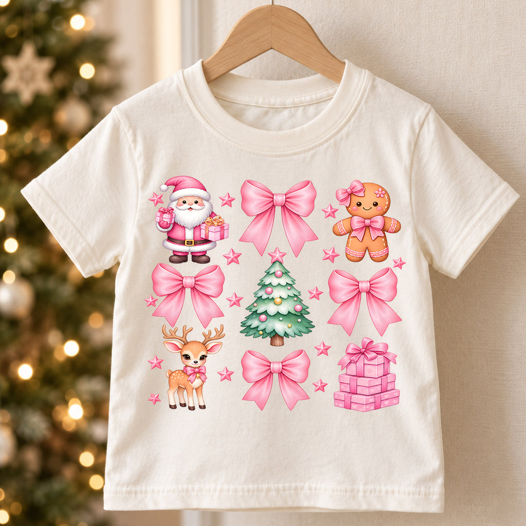 Pink Bow Christmas Kids Shirt, Girly Christmas Collage Tee, Coquette Holiday T Shirt, Pink Santa Reindeer Xmas Gift for Girls — product view 5