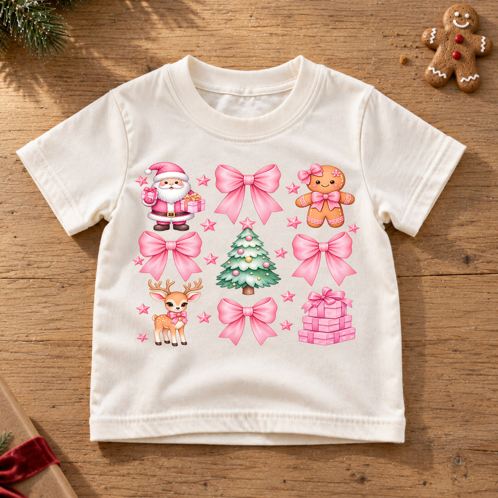 Pink Bow Christmas Kids Shirt, Girly Christmas Collage Tee, Coquette Holiday T Shirt, Pink Santa Reindeer Xmas Gift for Girls — product view 6