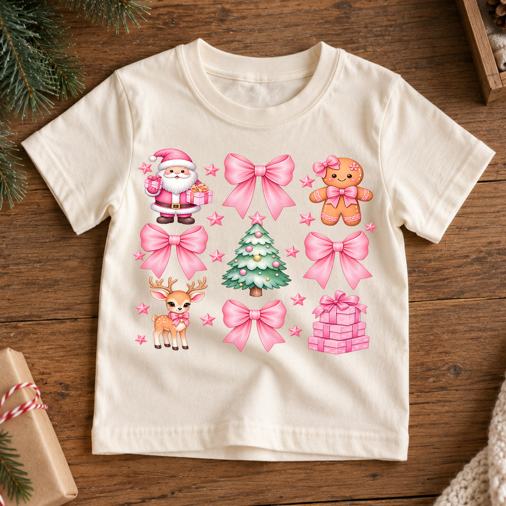 Pink Bow Christmas Kids Shirt, Girly Christmas Collage Tee, Coquette Holiday T Shirt, Pink Santa Reindeer Xmas Gift for Girls — product view 7