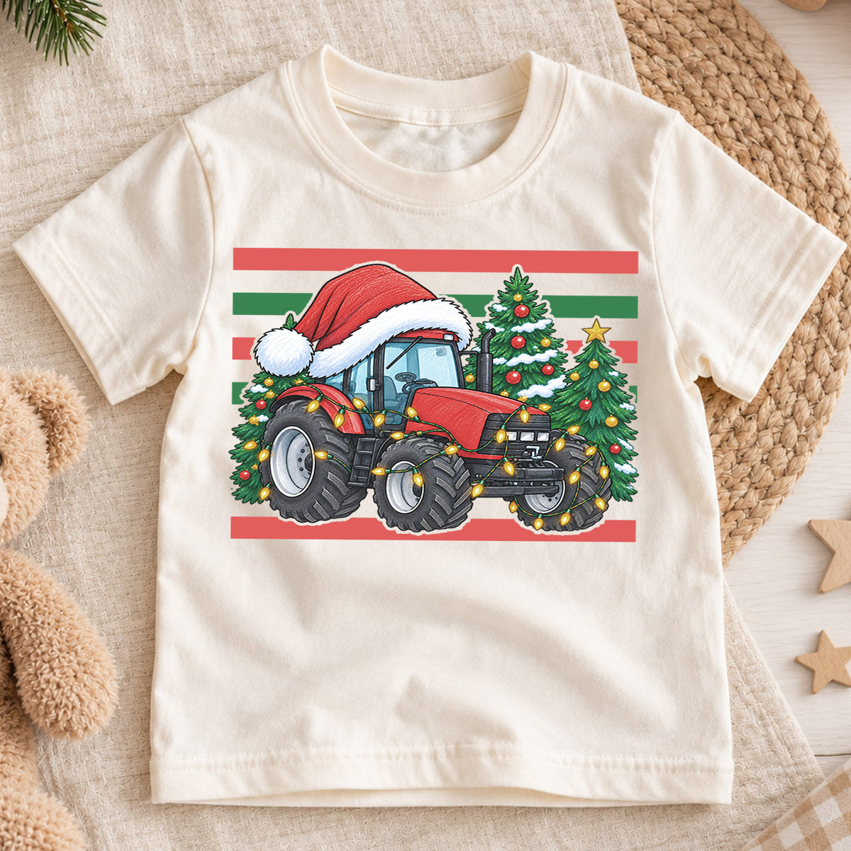 Christmas Tractor Kids Shirt, Red Tractor Santa Hat Tee, Farm Christmas T Shirt, Holiday Tractor Gift for Boys — product view 1