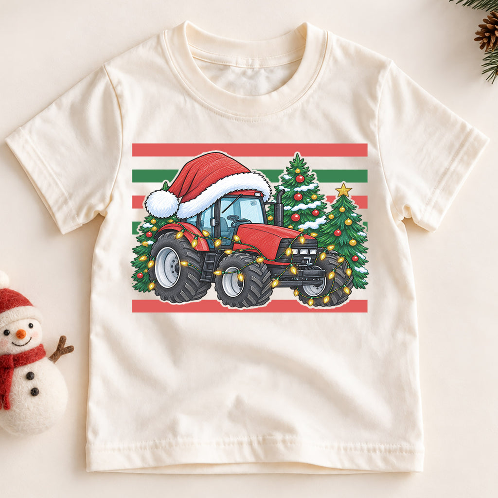 Christmas Tractor Kids Shirt, Red Tractor Santa Hat Tee, Farm Christmas T Shirt, Holiday Tractor Gift for Boys — product view 2