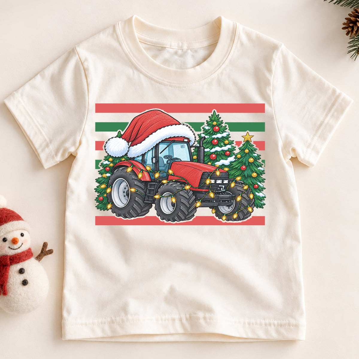 Christmas Tractor Kids Shirt, Red Tractor Santa Hat Tee, Farm Christmas T Shirt, Holiday Tractor Gift for Boys — product view 2