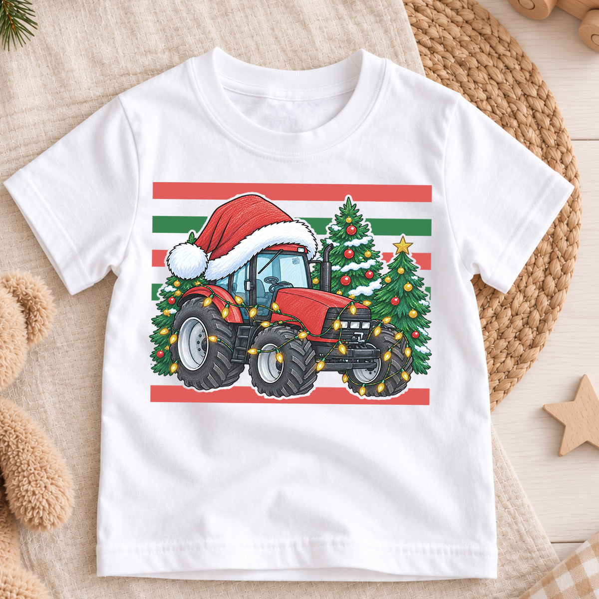 Christmas Tractor Kids Shirt, Red Tractor Santa Hat Tee, Farm Christmas T Shirt, Holiday Tractor Gift for Boys — product view 3
